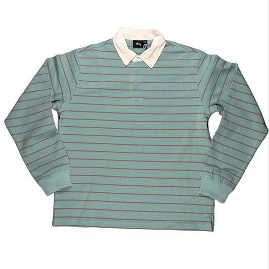 Teal and white striped long-sleeve shirt on a white surface