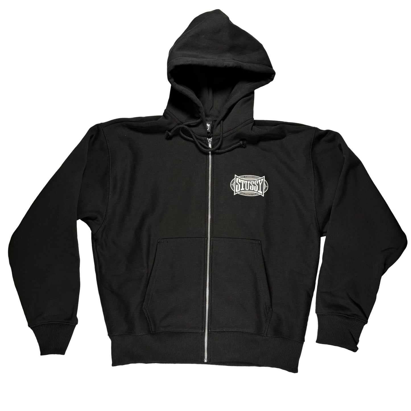 Black hoodie with a logo on a white surface