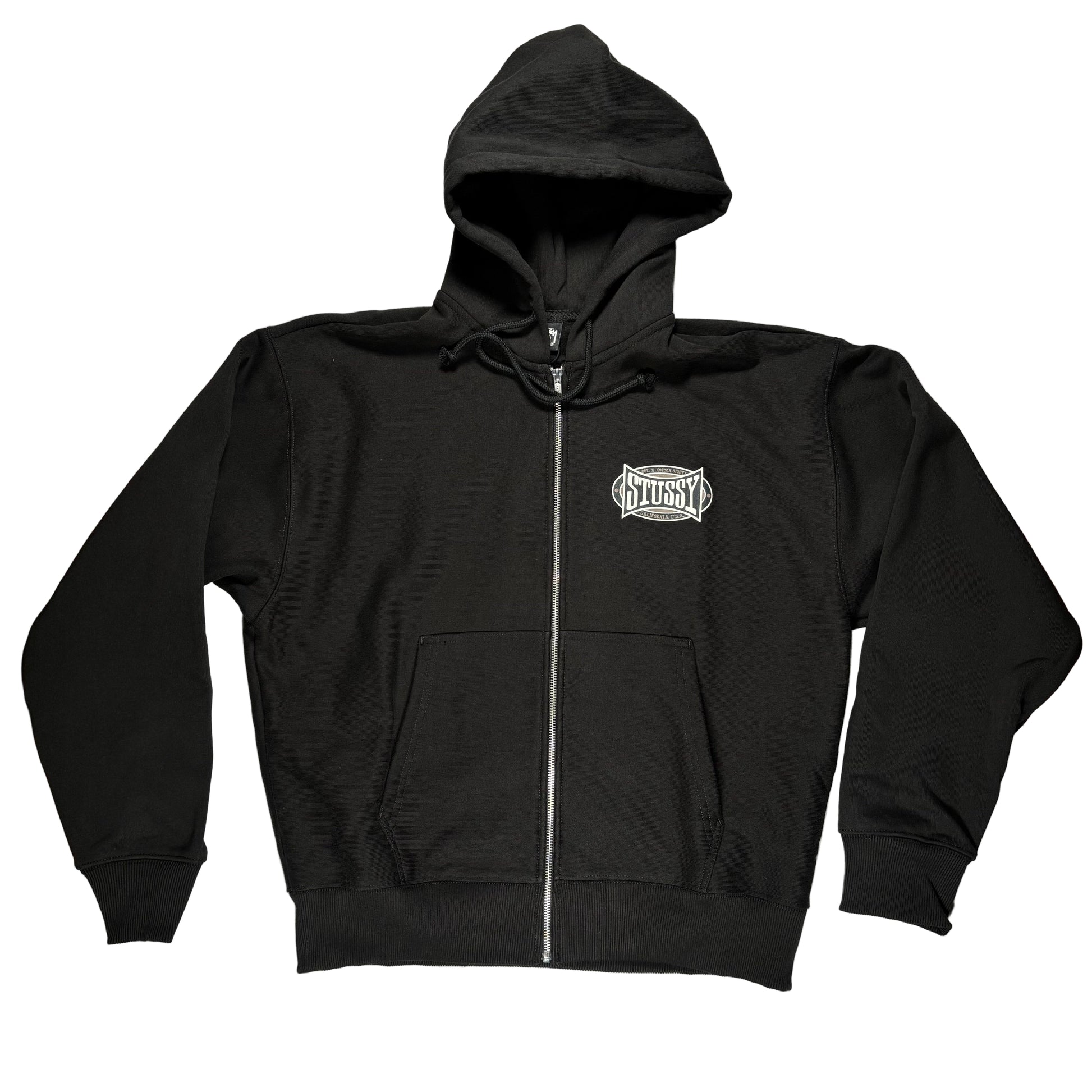 Black hoodie with a logo on a white surface