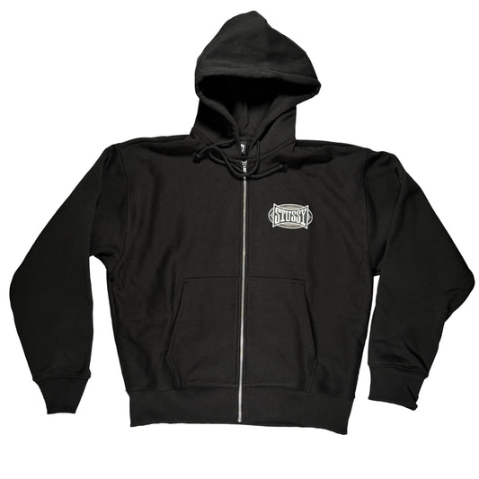 Black hoodie with a logo on a white surface