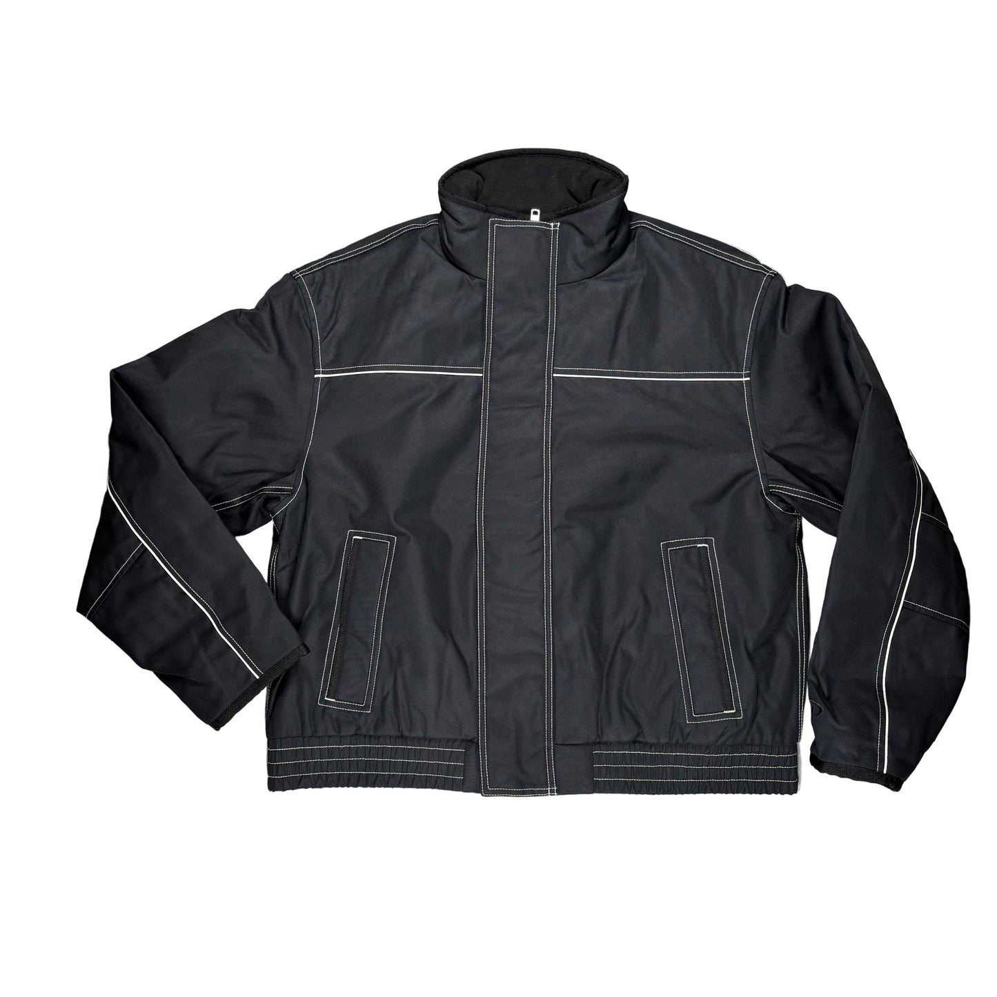 Black jacket with white stitching on a white surface