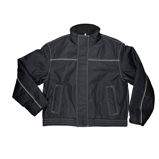 Black jacket with white stitching on a white surface