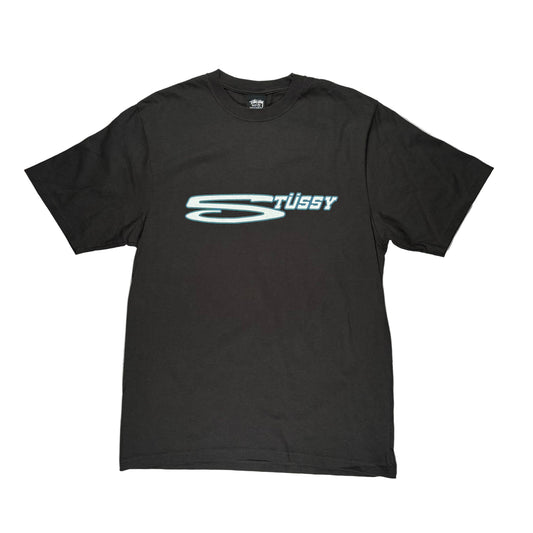 Black t-shirt with Stussy logo on a white surface