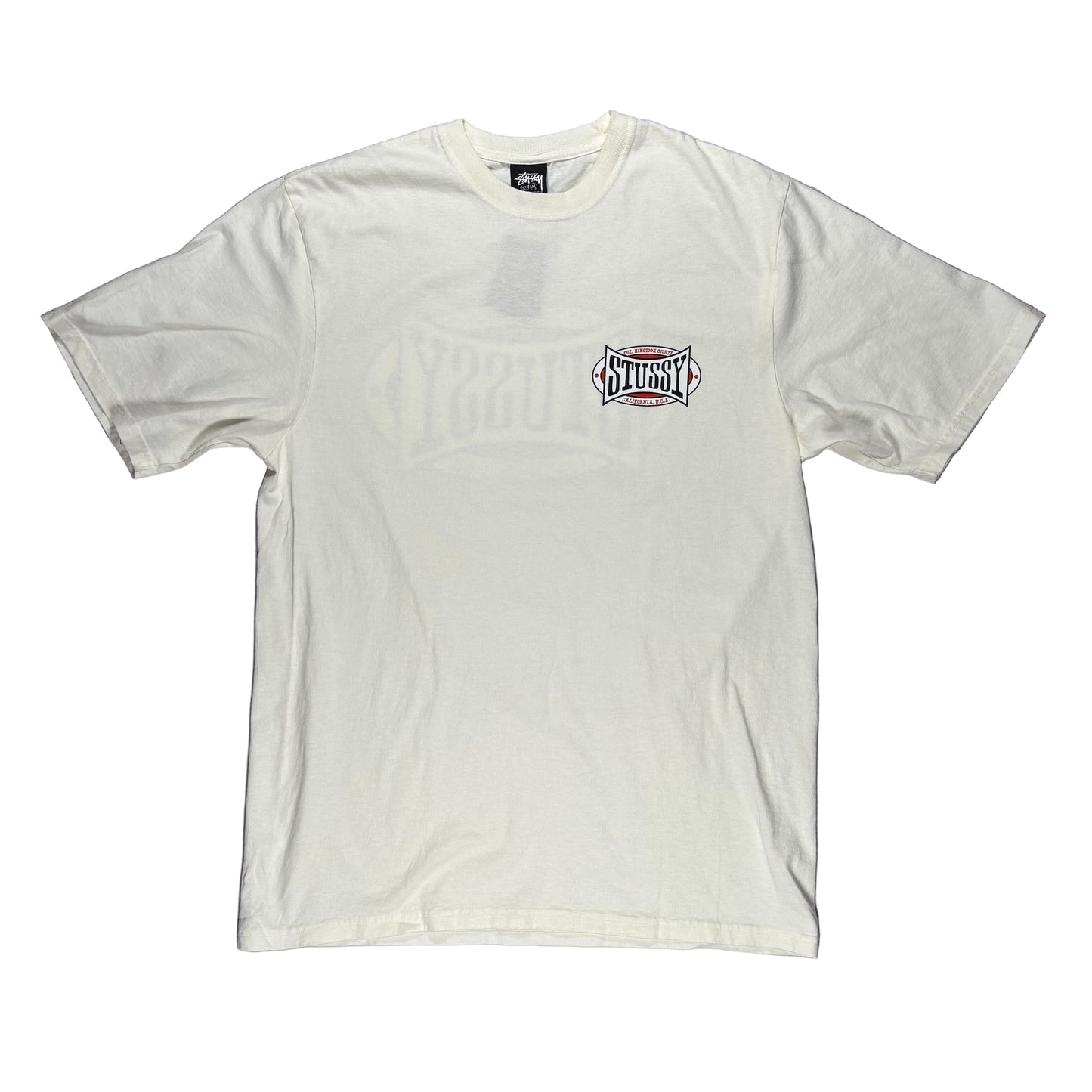 White t-shirt with a logo on a white surface