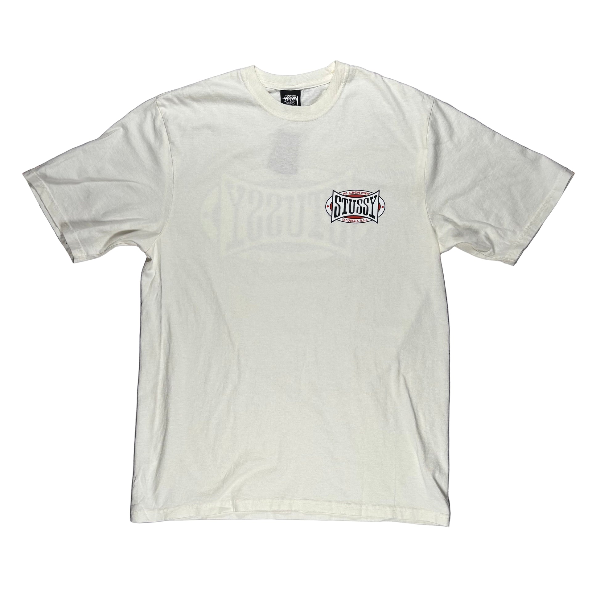 White t-shirt with a logo on a white surface