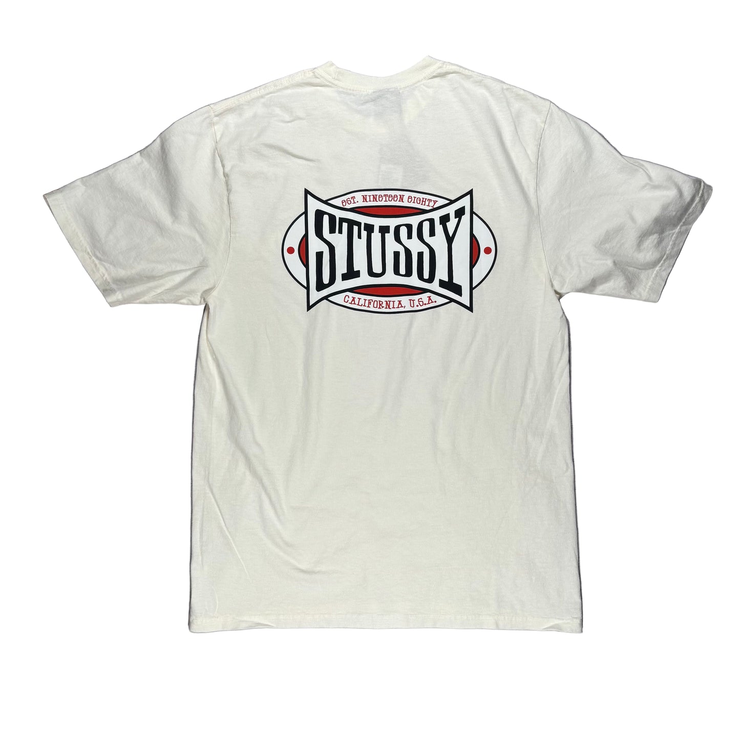 White t-shirt with Stussy logo on a white surface