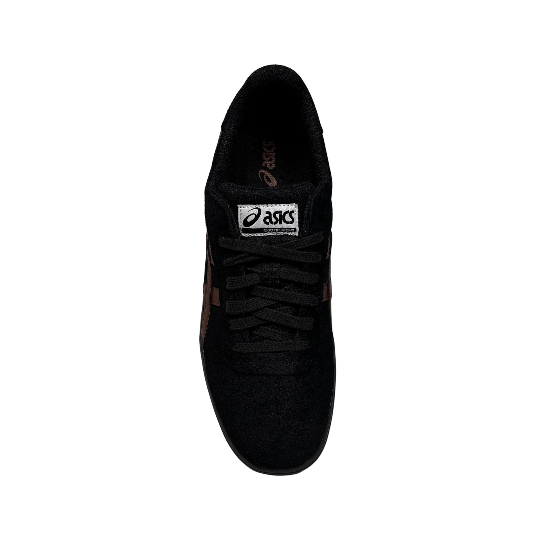 Black sneaker with a brand logo on a white background