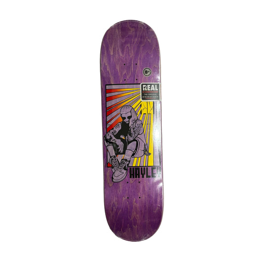 Purple skateboard deck with graphic design on a white surface