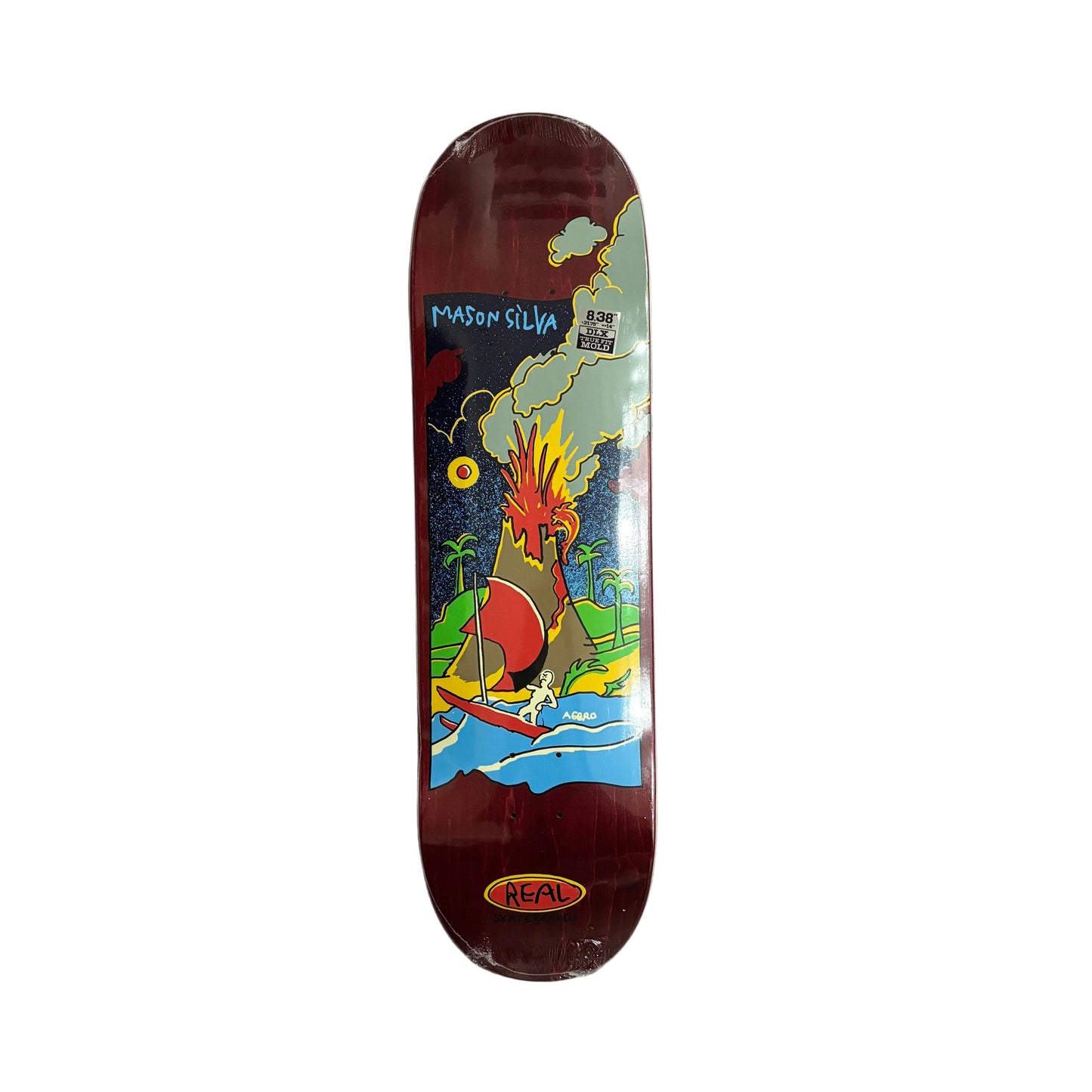 Skateboard deck with colorful design and 'Real' branding on a white surface.