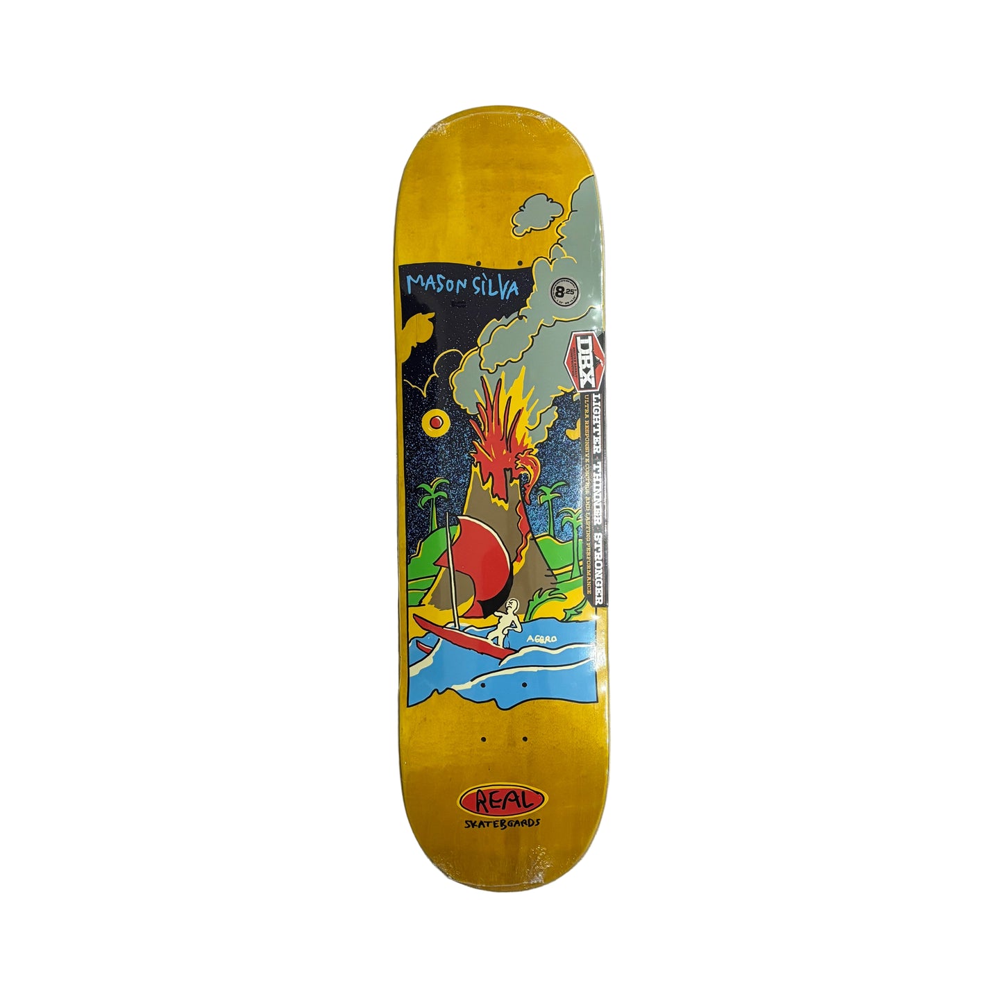 Colorful skateboard deck with a dragon design on a white surface