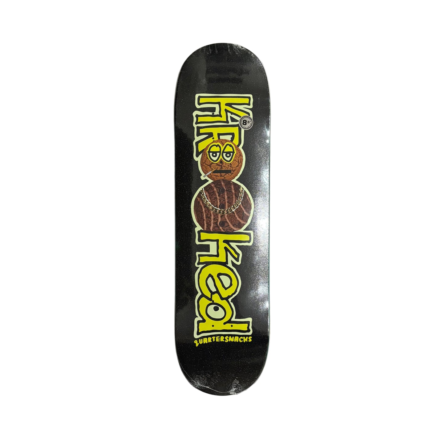 Skateboard deck with a brand logo on a white surface