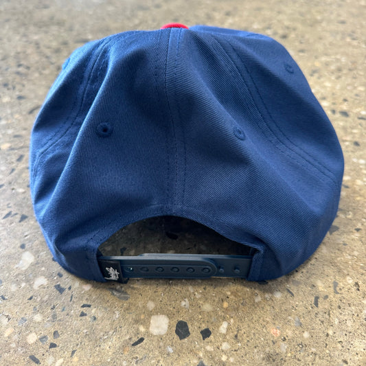 rear view of blue and red stussy cap