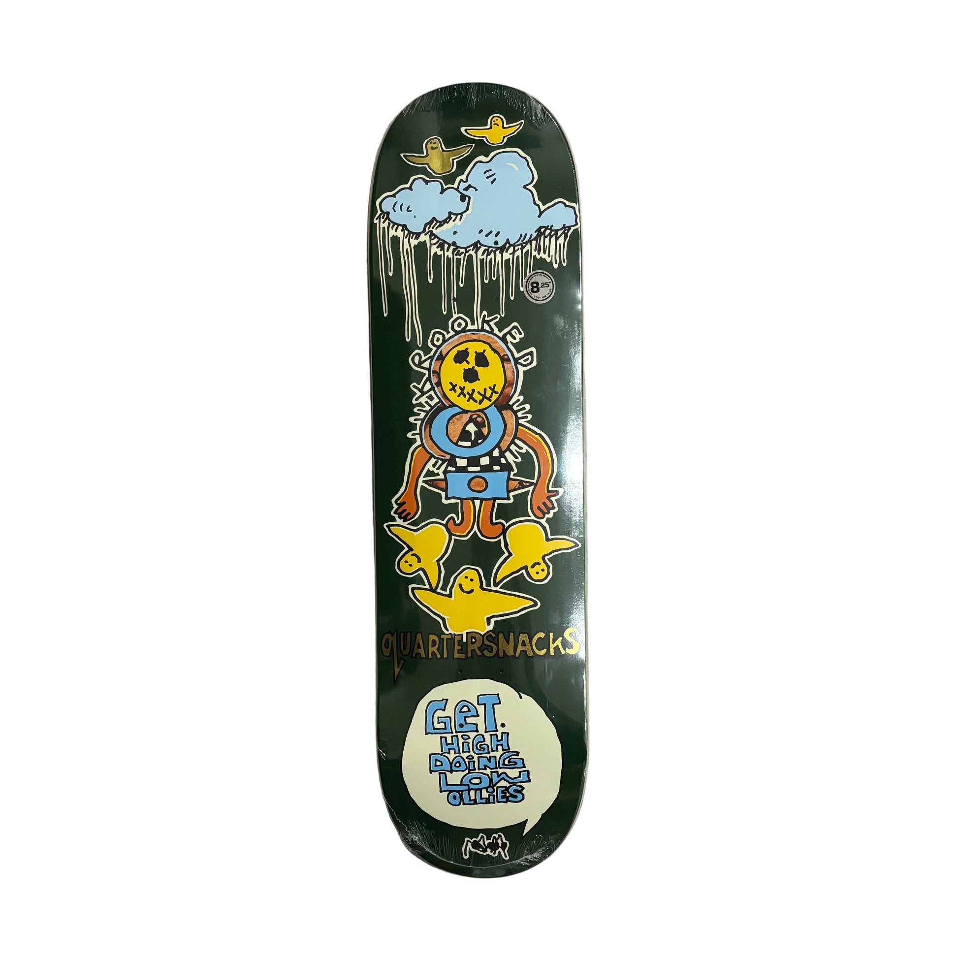 Skateboard deck with colorful graphics on a white background