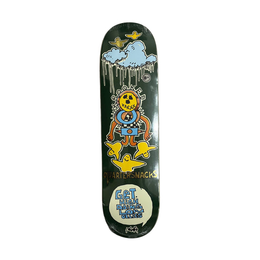 Skateboard deck with colorful graphics on a white background