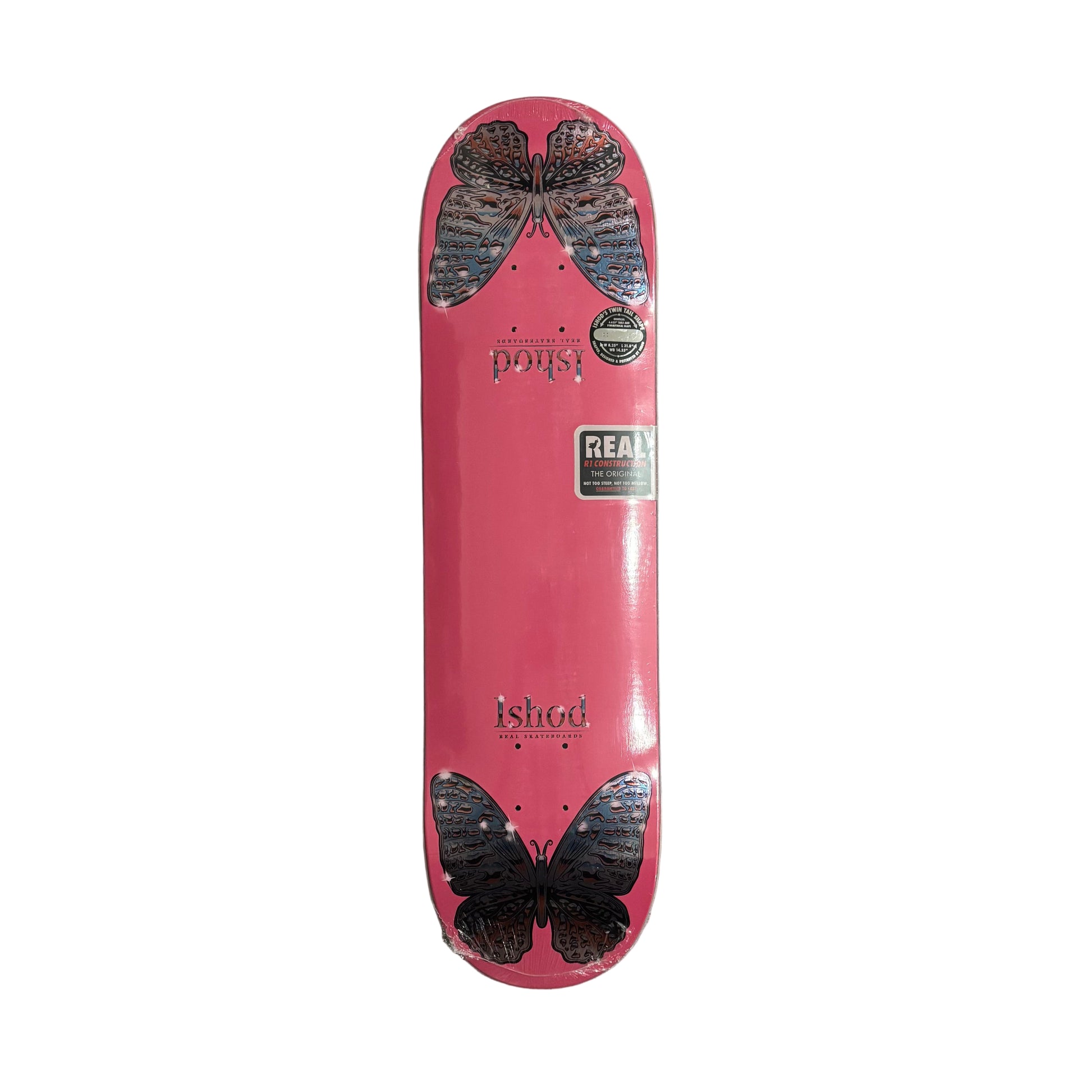 Pink skateboard deck with butterfly designs on a white surface