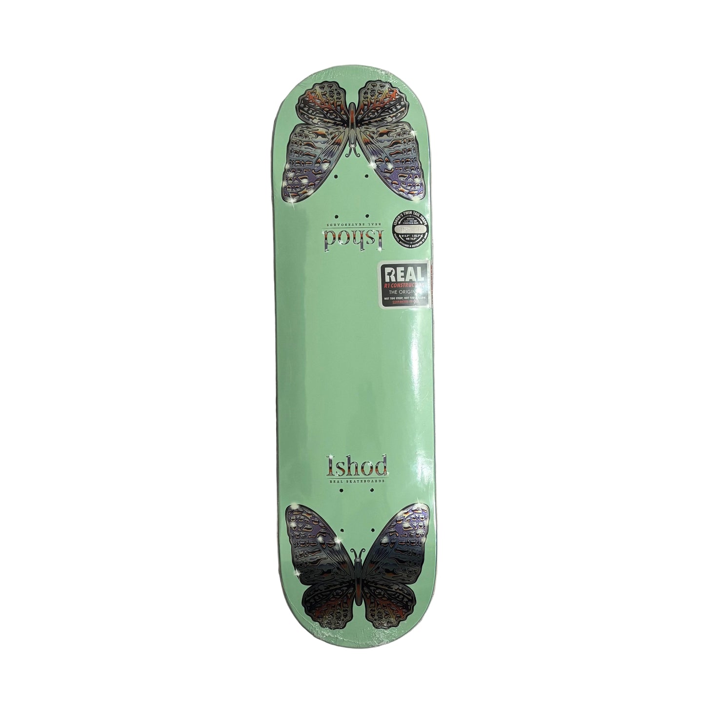 Green skateboard deck with butterfly design on a white surface