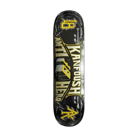 Skateboard deck with yellow text and graphics on a white surface