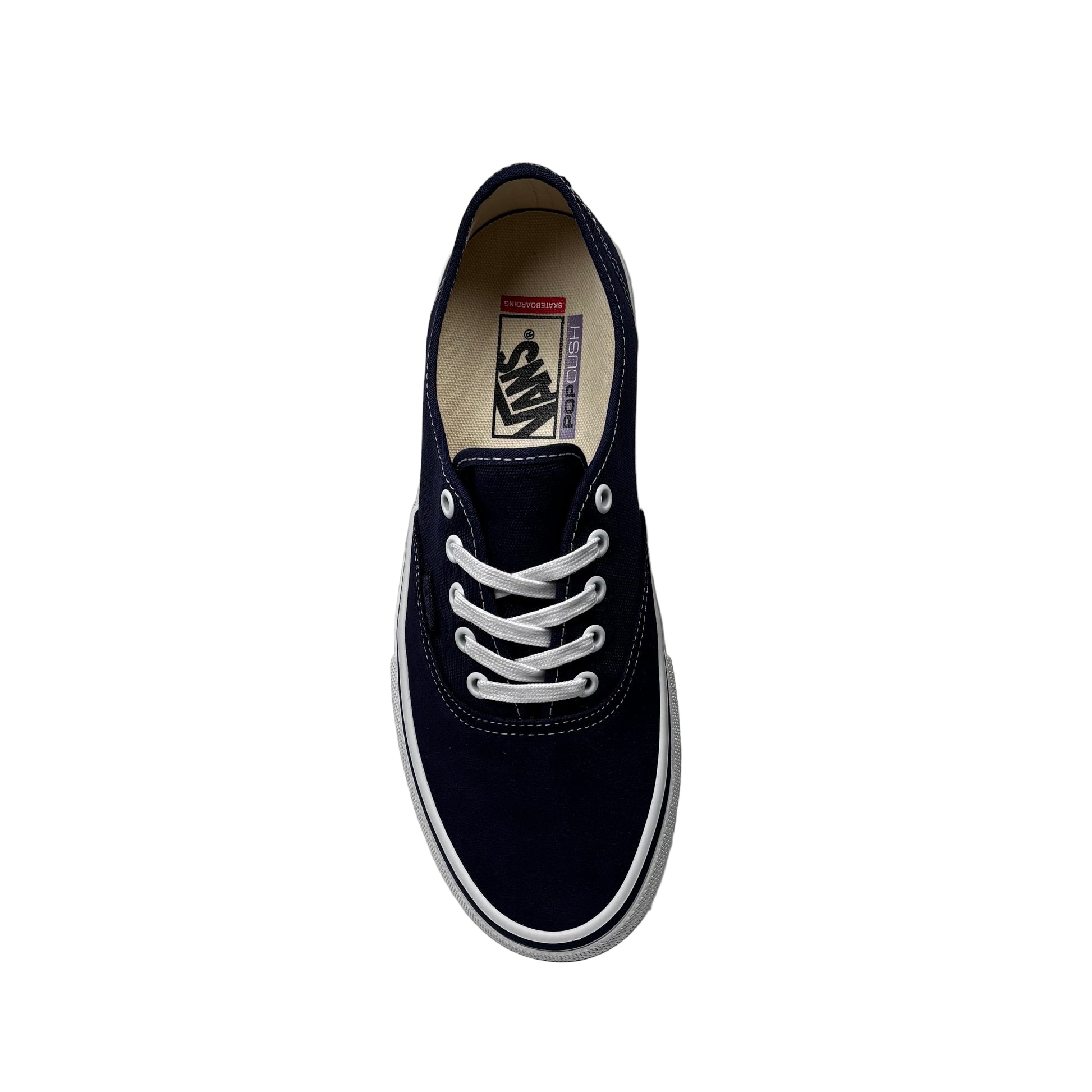 Navy blue sneaker with white laces on a white platform against a white background