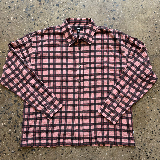 Pink plaid button up shirt, front view