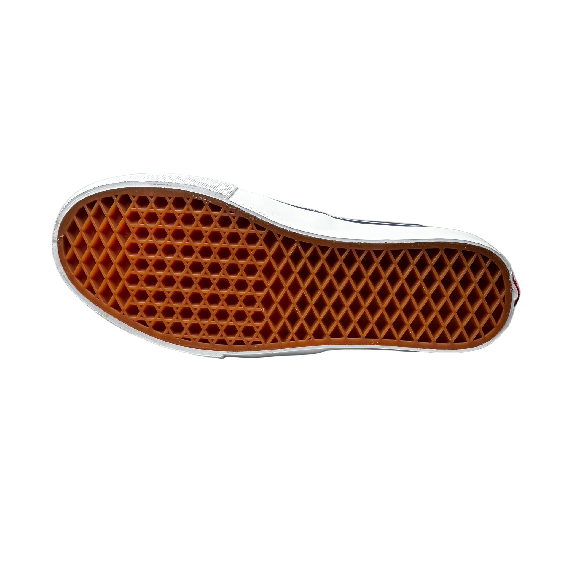 Close-up of a shoe sole with brown honeycomb pattern on a white background