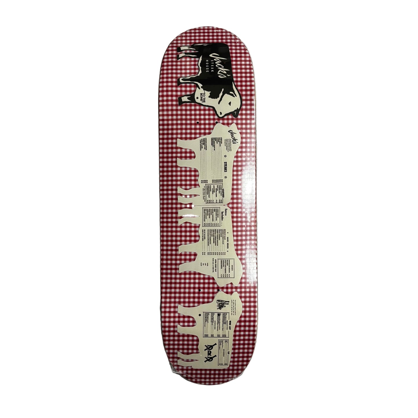 Skateboard deck with red and white checkered pattern and cow design on a white surface.