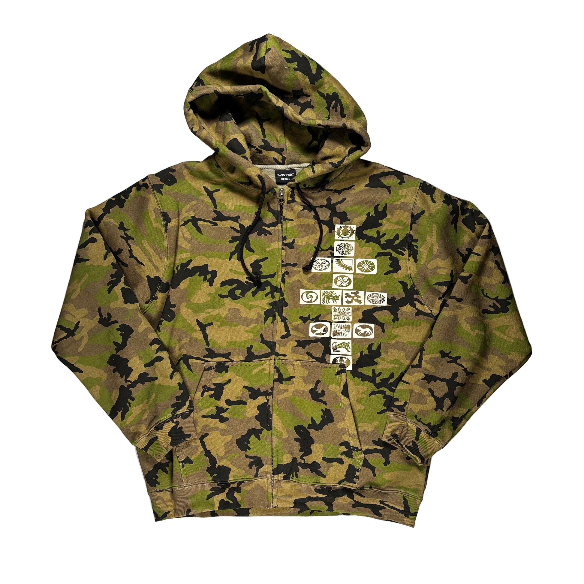 Camouflage hoodie with a zipper and left chest print on a white background