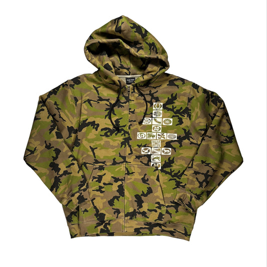 Camouflage hoodie with a zipper and left chest print on a white background