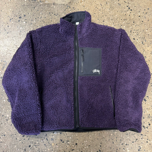 purple front view of reversible sherpa jacket in purple