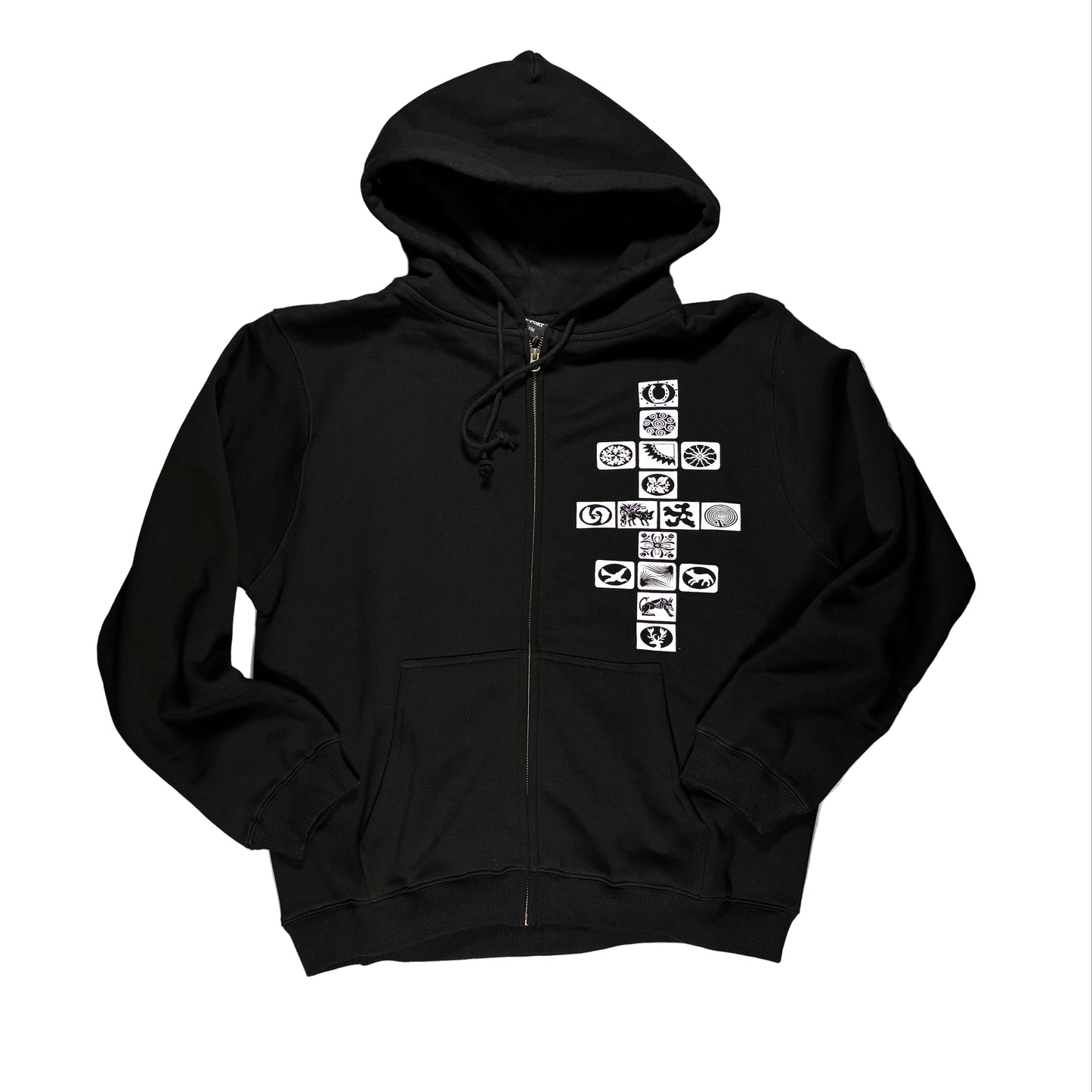 Black hoodie with white graphic design on a white surface