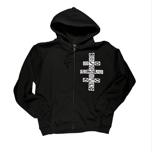 Black hoodie with white graphic design on a white surface