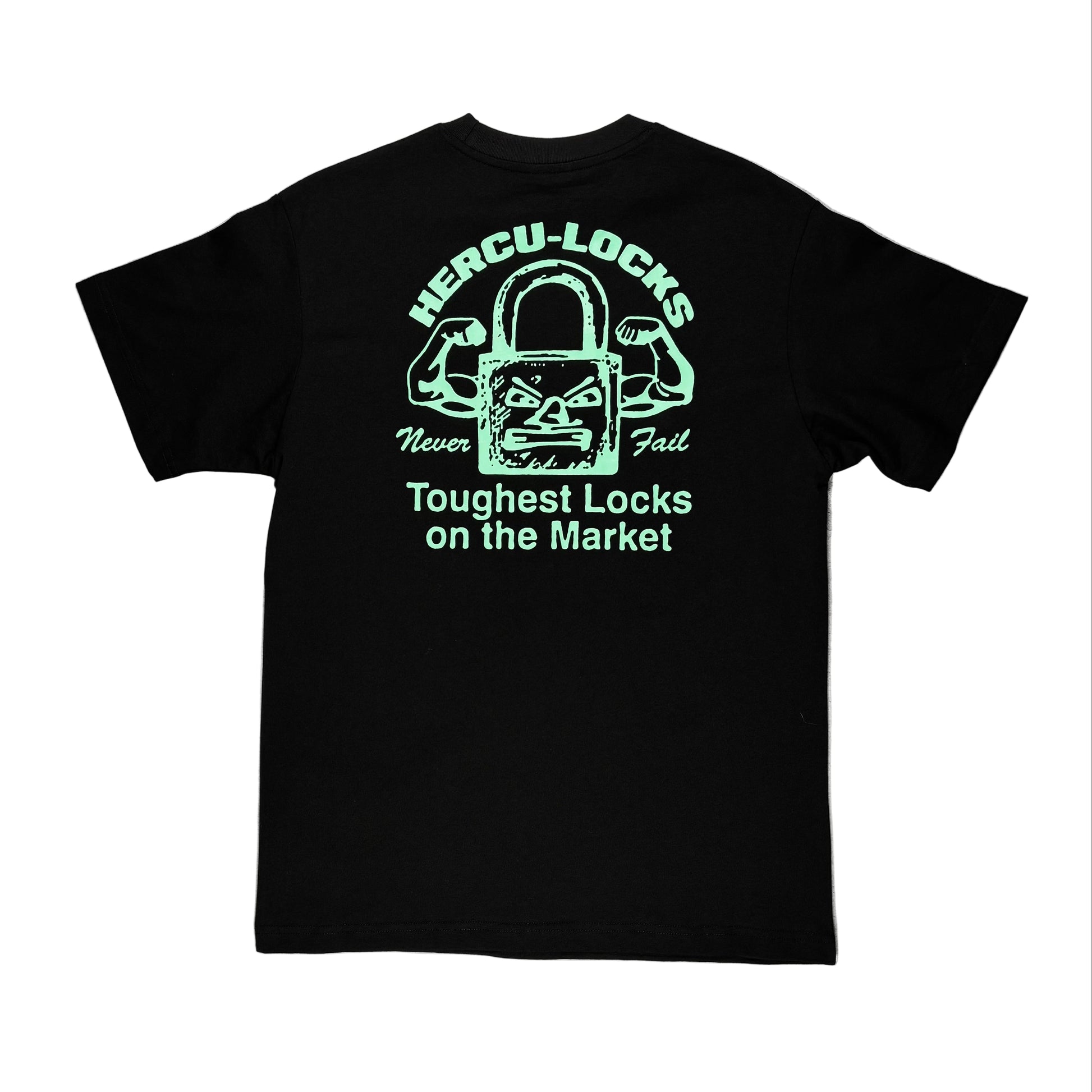 Black t-shirt with white graphic and text on a white background