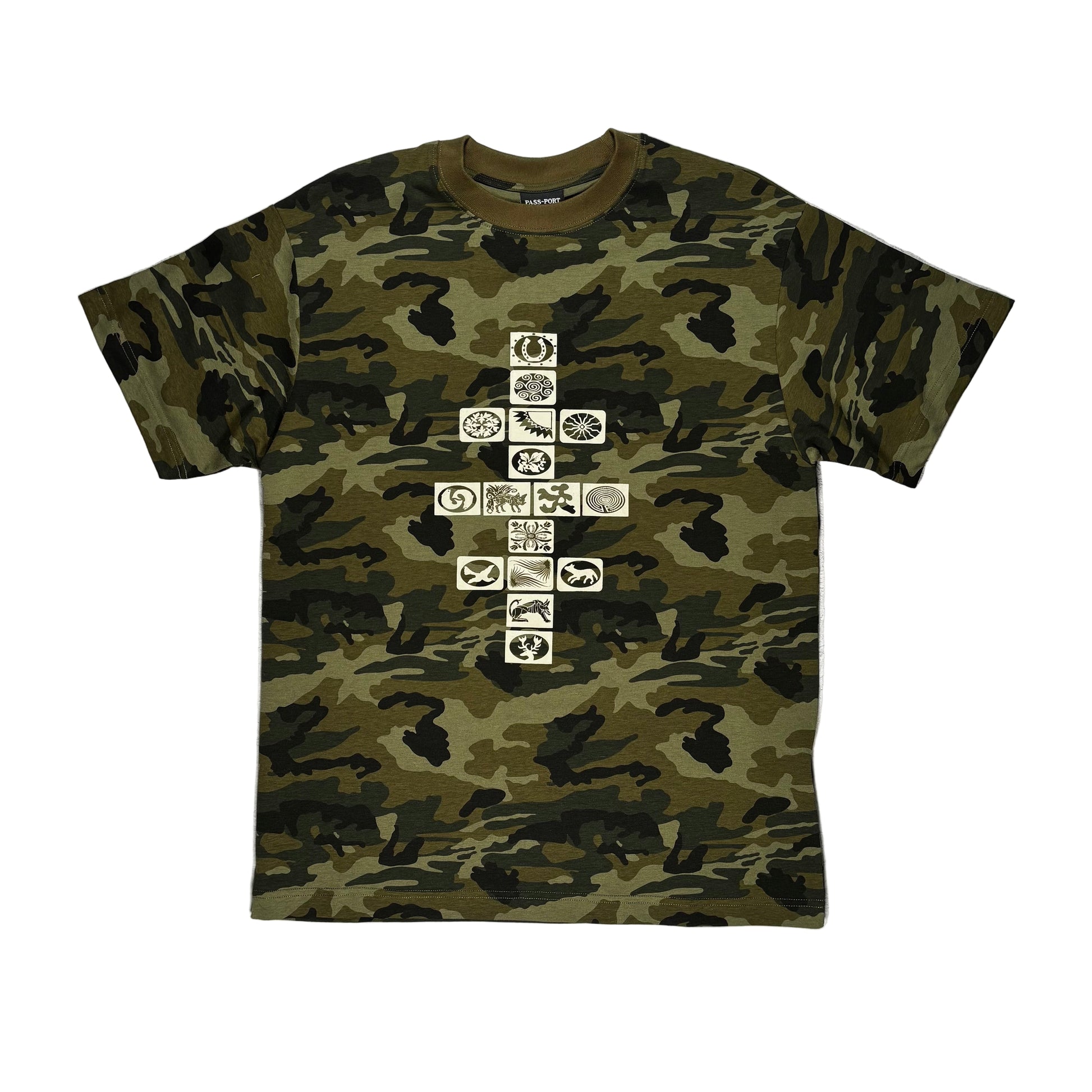 Camouflage t-shirt with graphic design on a white surface