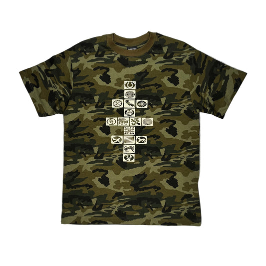 Camouflage t-shirt with graphic design on a white surface