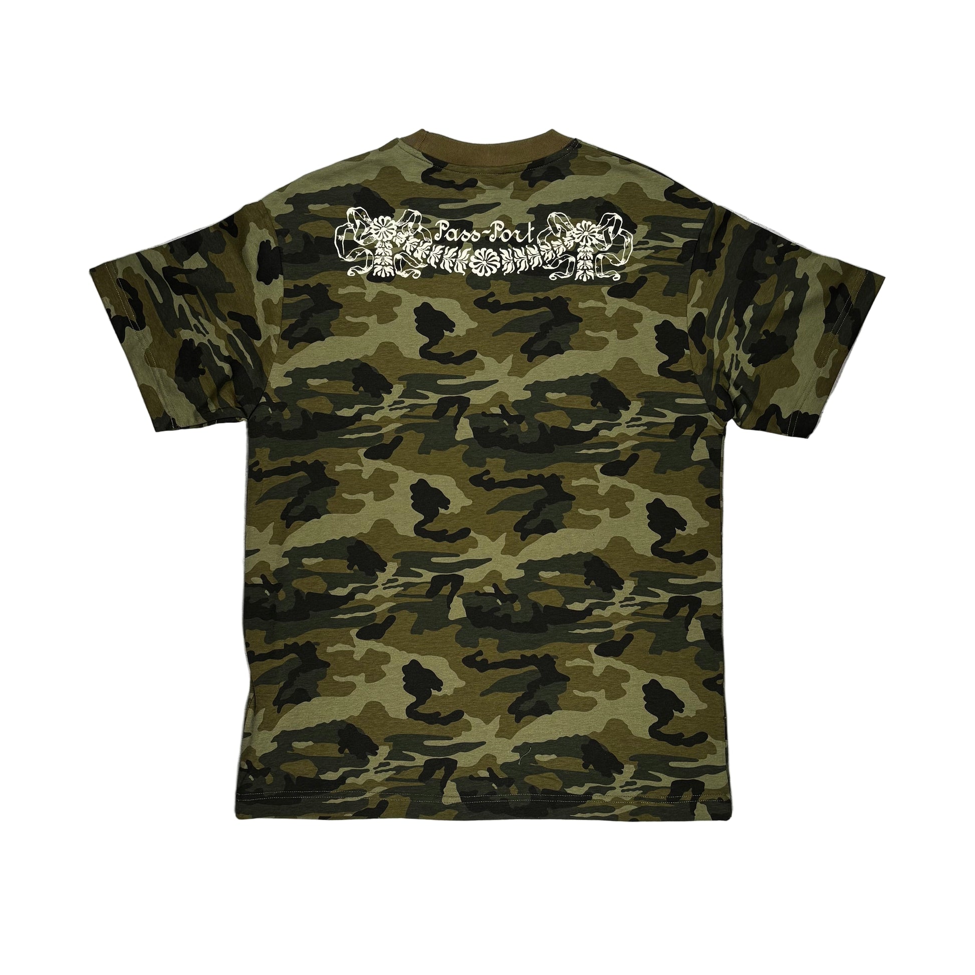 Camouflage t-shirt with a logo on the back, placed on a white surface.