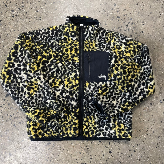 Stussy Reversible Sherpa Jacket - Yellow Leopard/Black