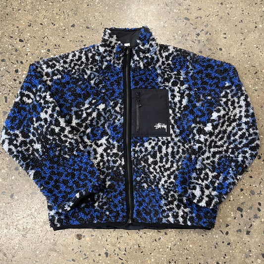 Stussy Reversible Sherpa Jacket - Blue Leopard/Black