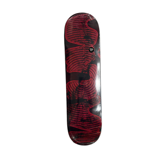 Skateboard deck with red and black design on a white surface