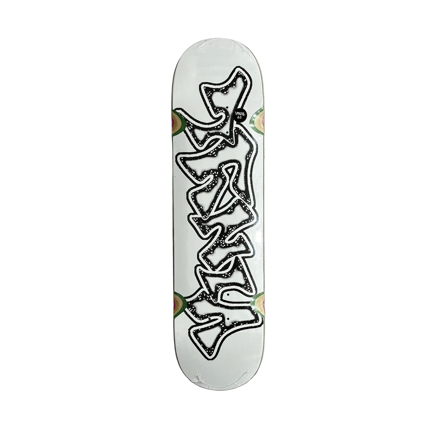 Skateboard deck with a black and white surface