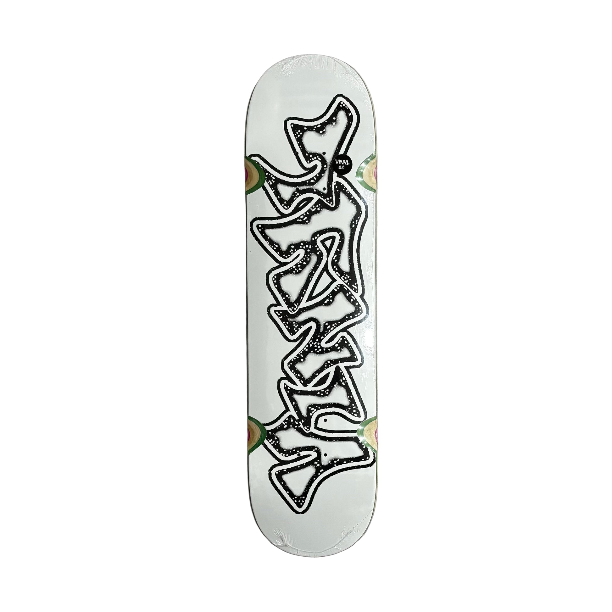 Skateboard deck with a black and white surface