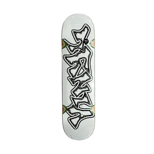 Skateboard deck with a black and white surface
