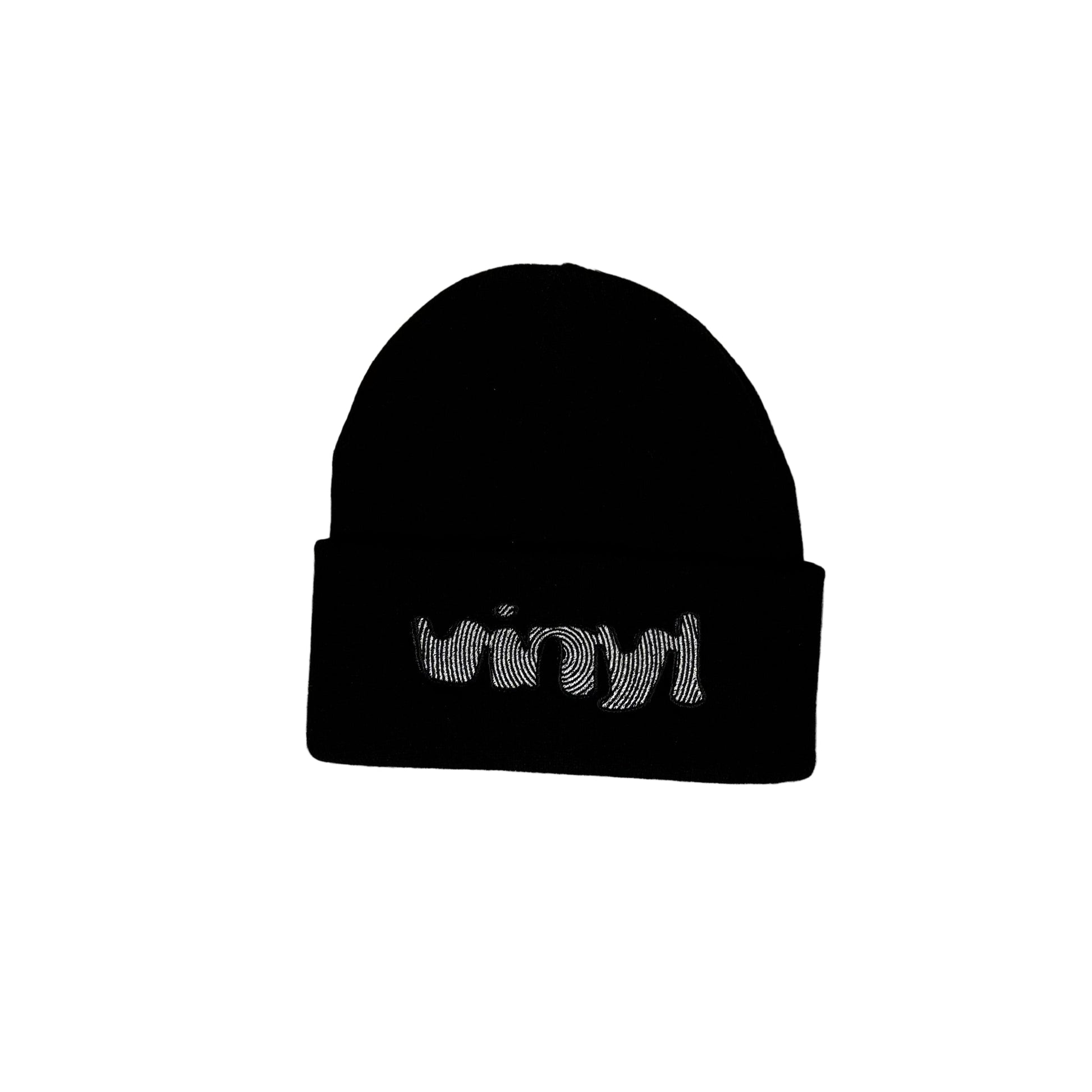 Black beanie with 'vinyl' text on a white background