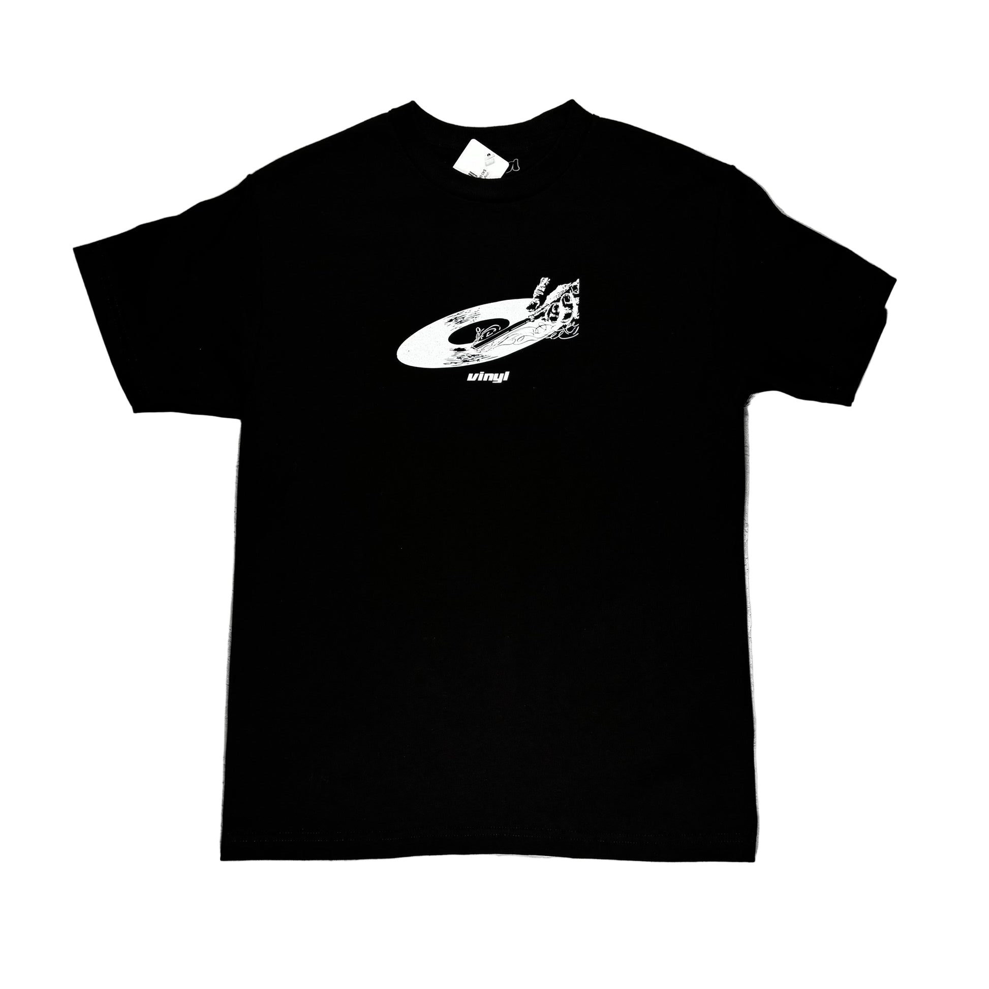 Black t-shirt with a white graphic design on a white surface