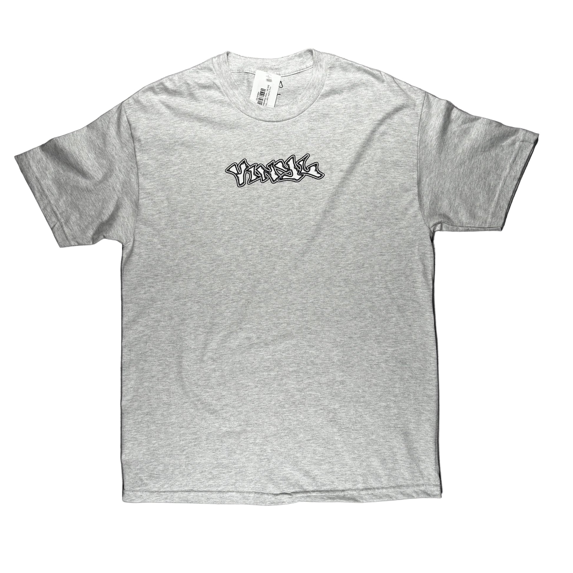 Gray t-shirt with a logo on a white surface