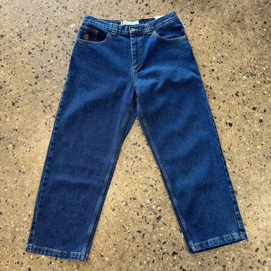 dark blue denim jeans, front view