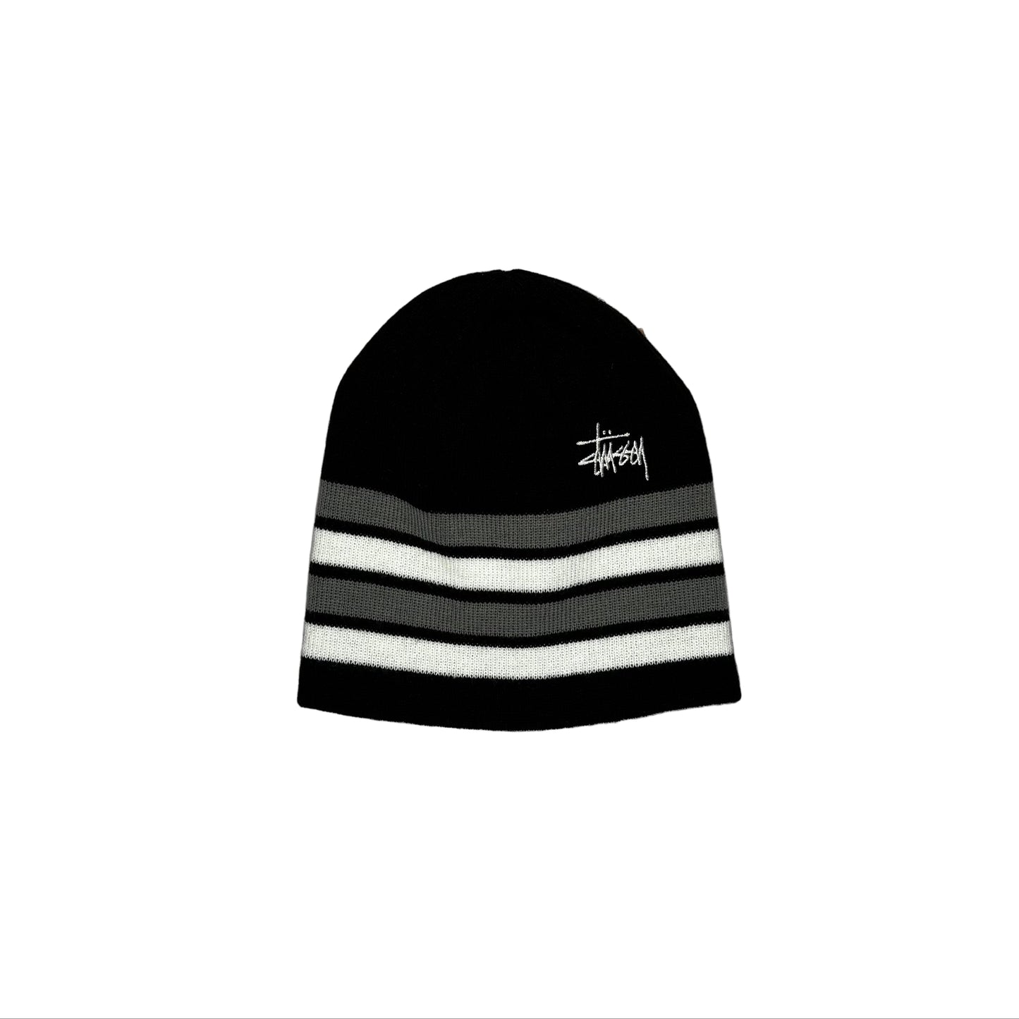 Black beanie with white and gray stripes on a white surface