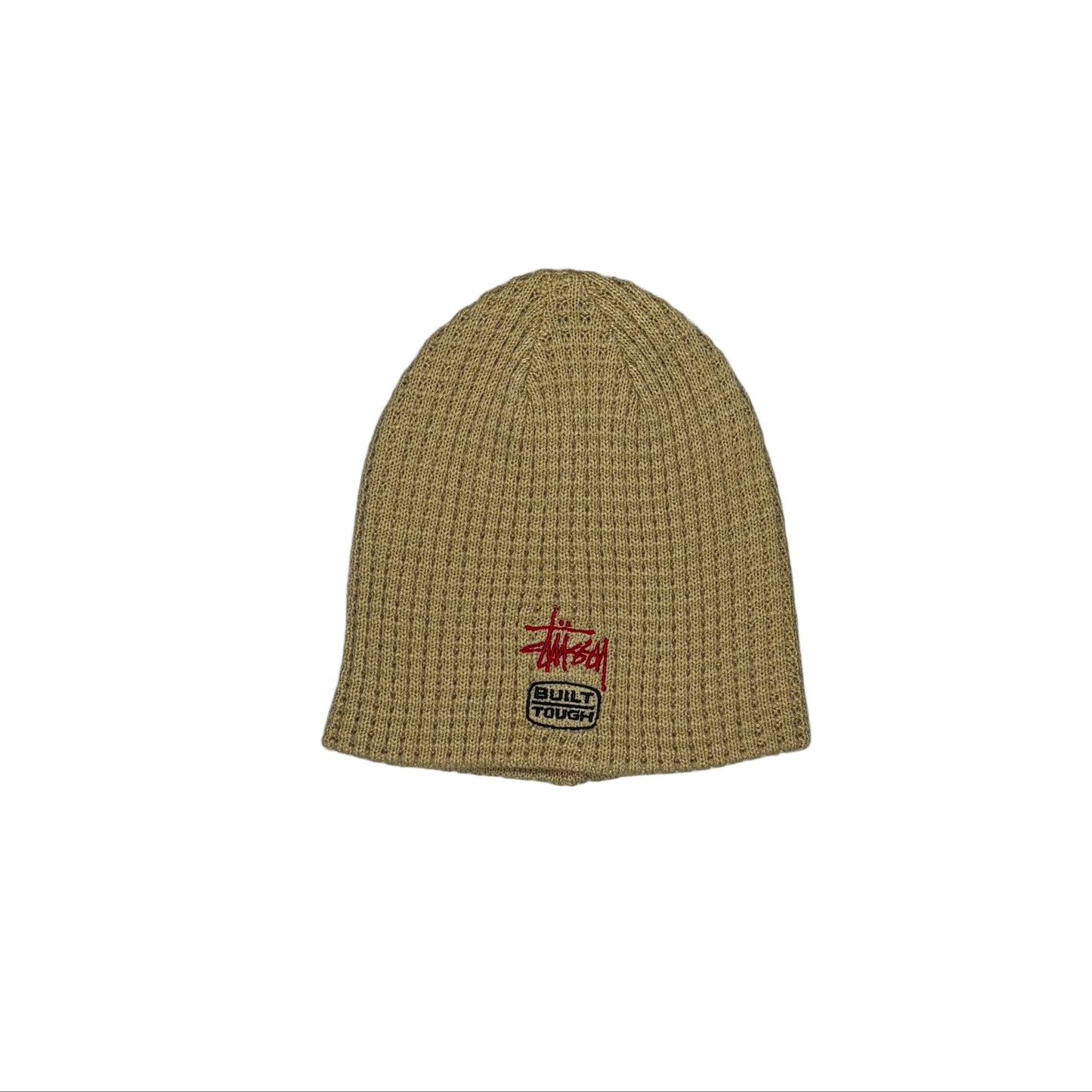 Beige knit beanie with a red logo on a white background