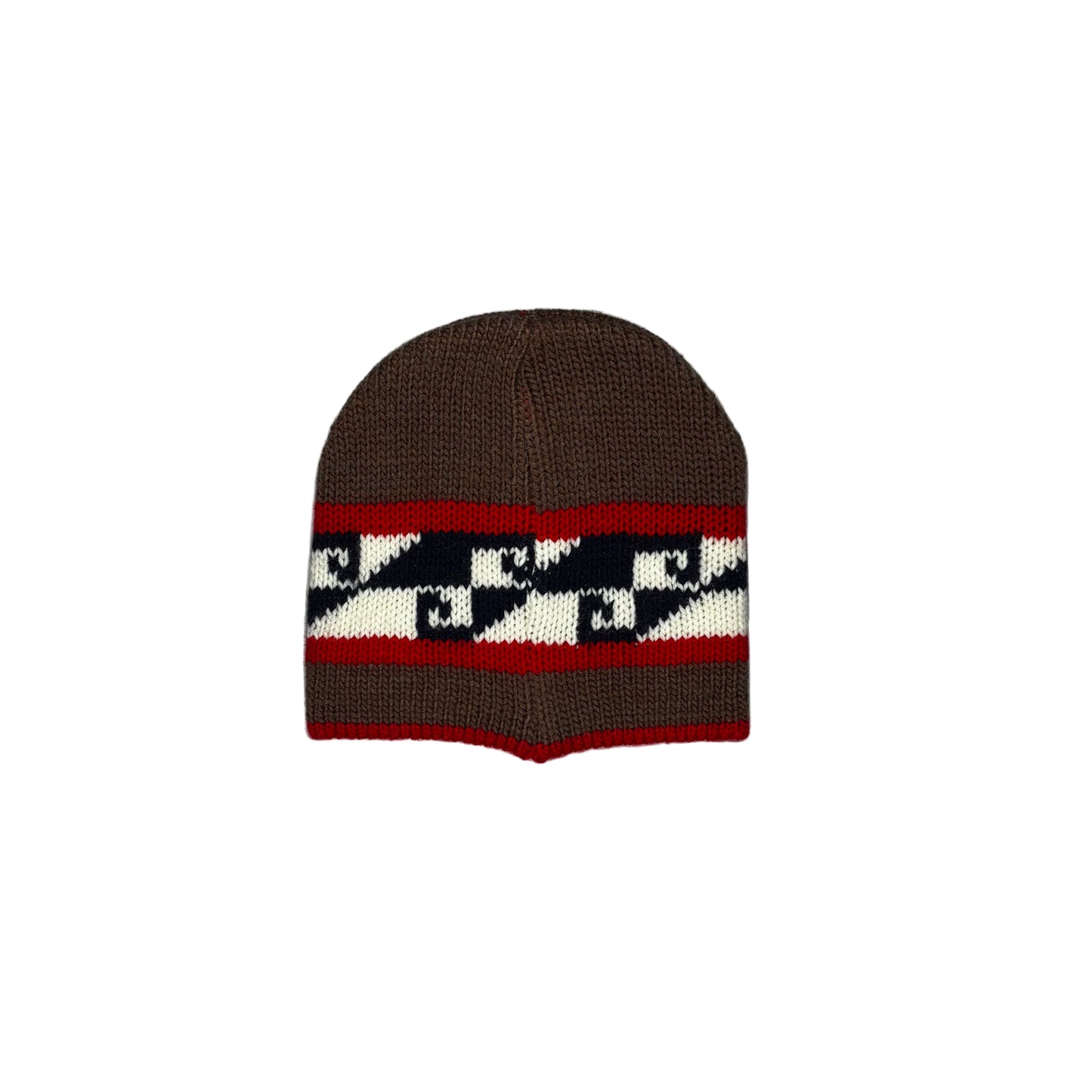Knitted beanie with geometric pattern on a white surface
