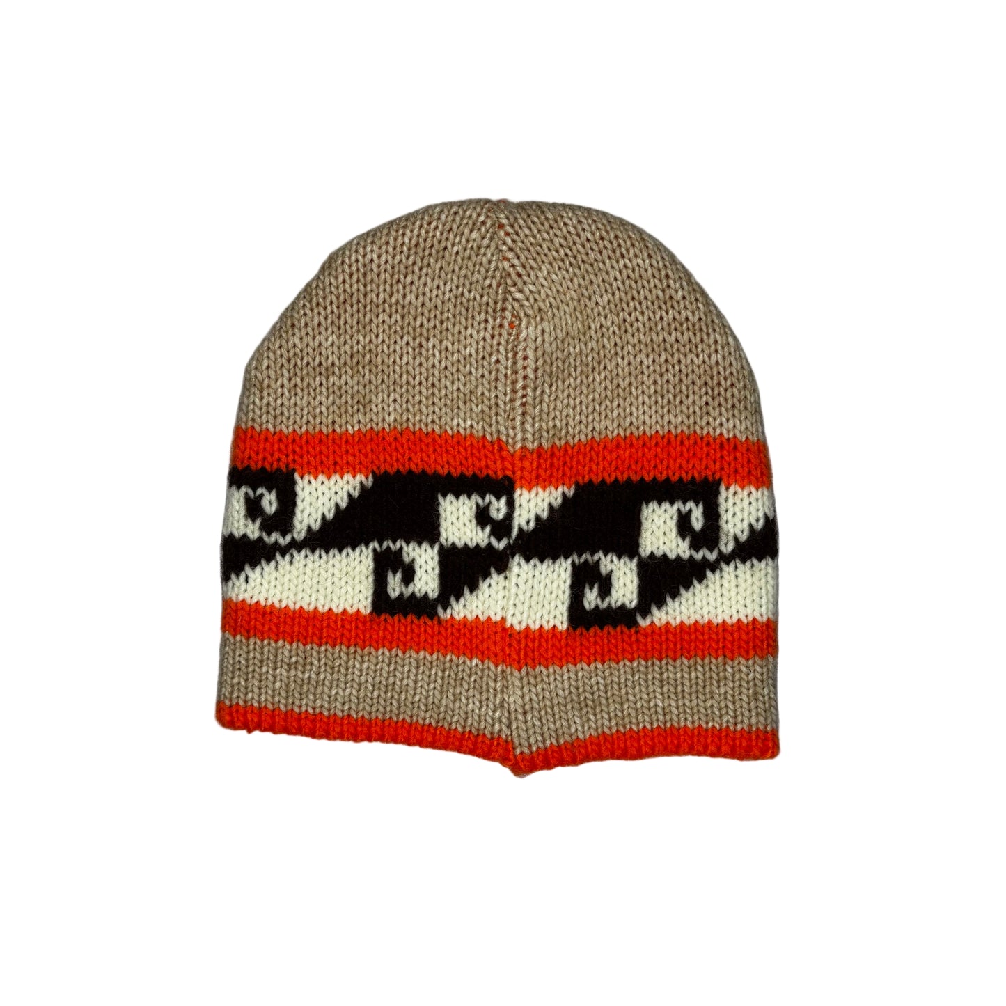 Knitted beanie with geometric pattern on a white background