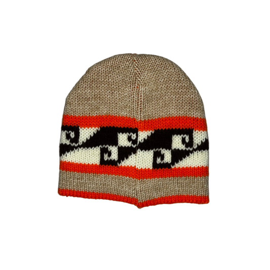 Knitted beanie with geometric pattern on a white background