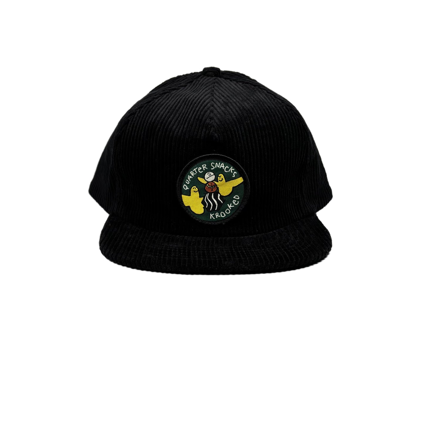 Black cap with a circular logo featuring a character and text on a white background